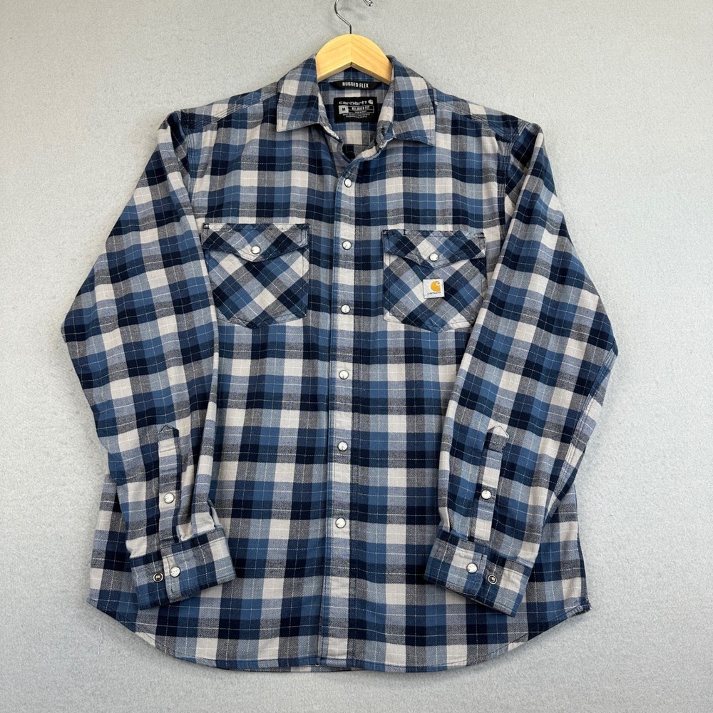 Carhartt Flannel Shirt Mens M Regular Blue Plaid Rugged Flex Relaxed Pearl Snap